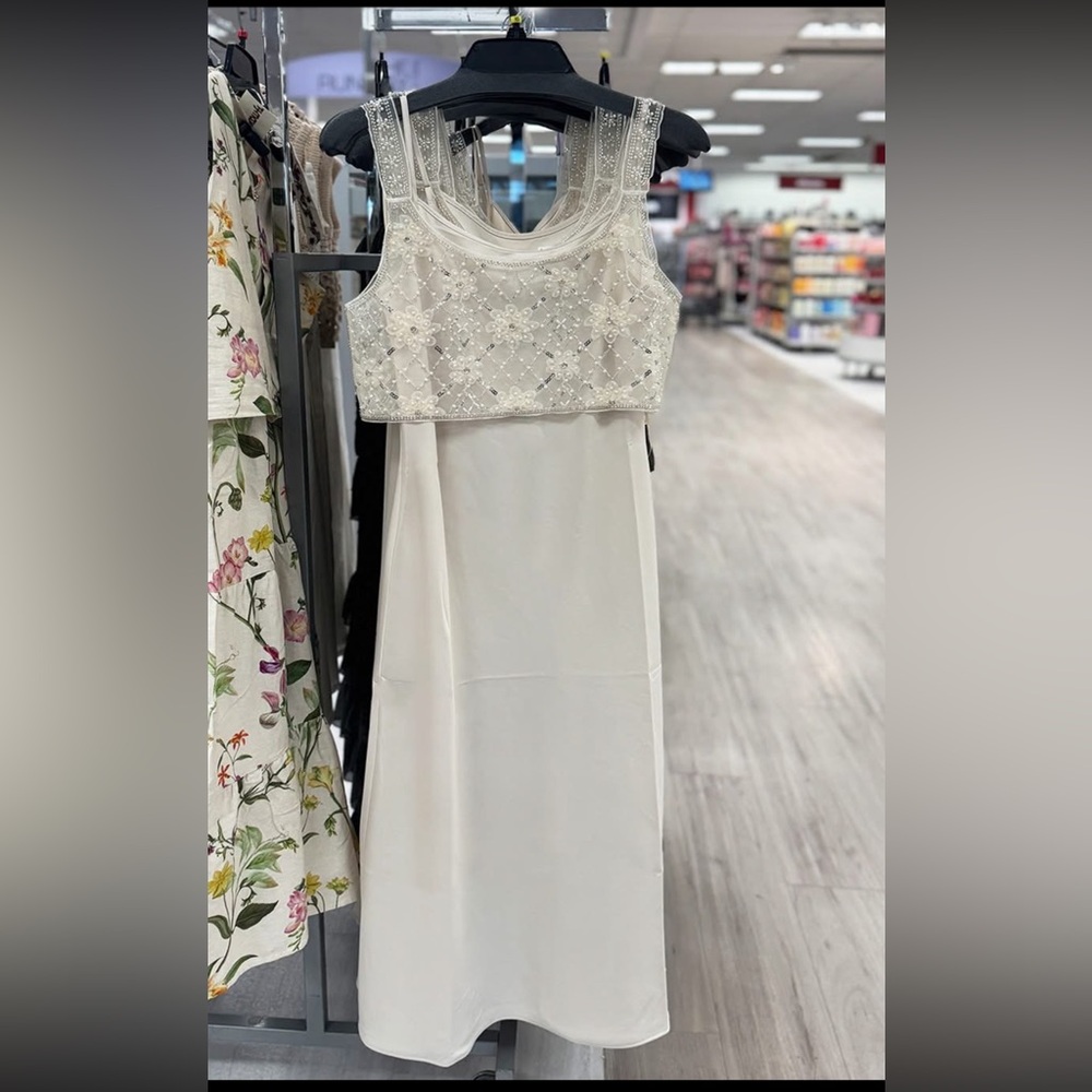 NWT House of Harlow 1960 2-Piece Ivory Champagne Beaded Midi Dress -Size M